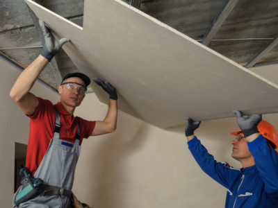 Two skilled technicians from Poli LED & Signs expertly placing ceiling sheetrock panels, ensuring a seamless and precise installation in a Miami Commercial building.