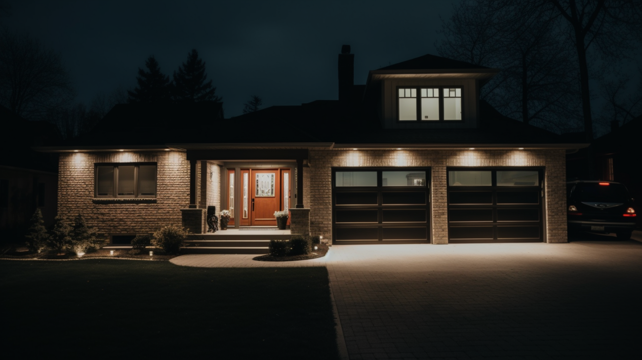 Security light casting a bright glow on a garage, providing safety and visibility in the nighttime