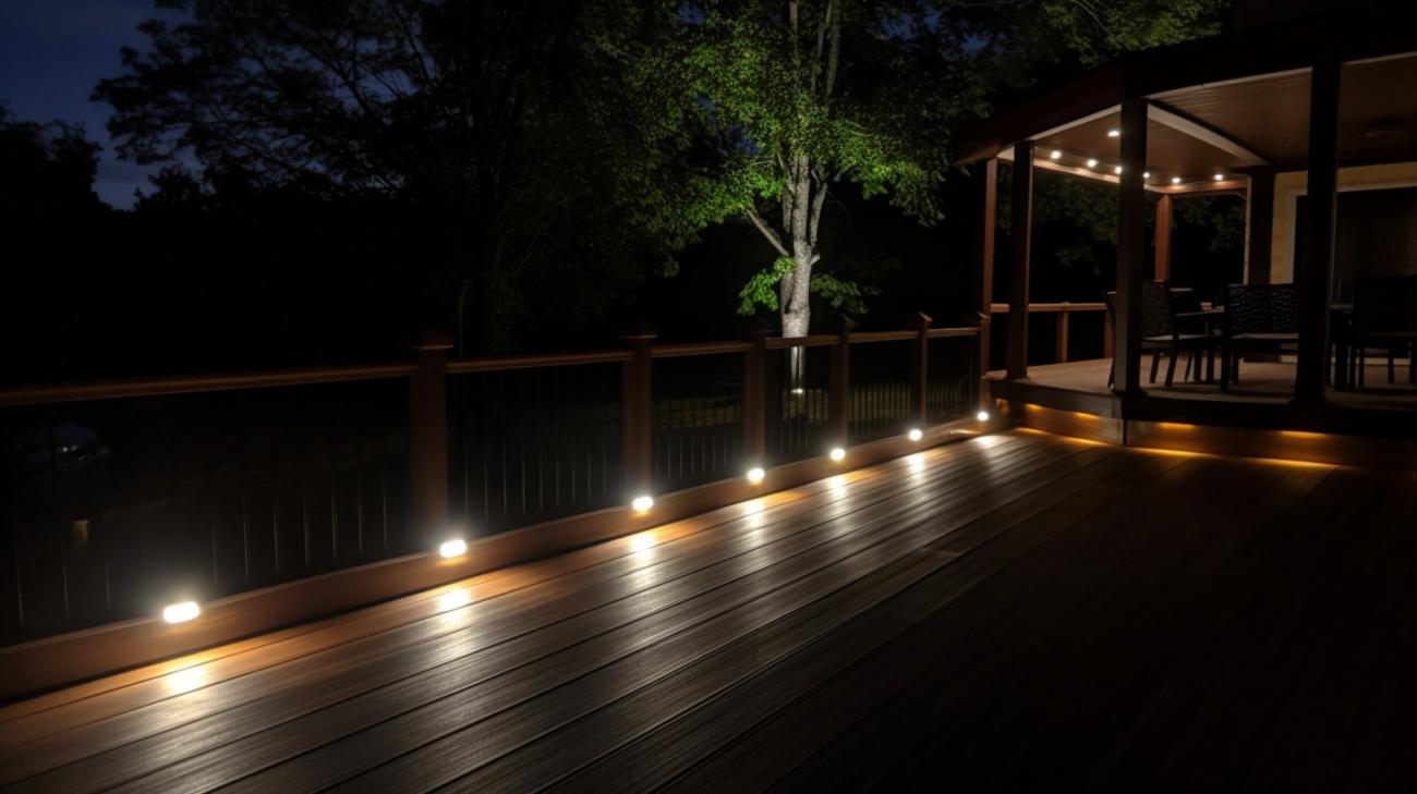 Deck lights casting a warm, ambient glow on a beautifully designed outdoor deck, creating an inviting and cozy atmosphere for gatherings