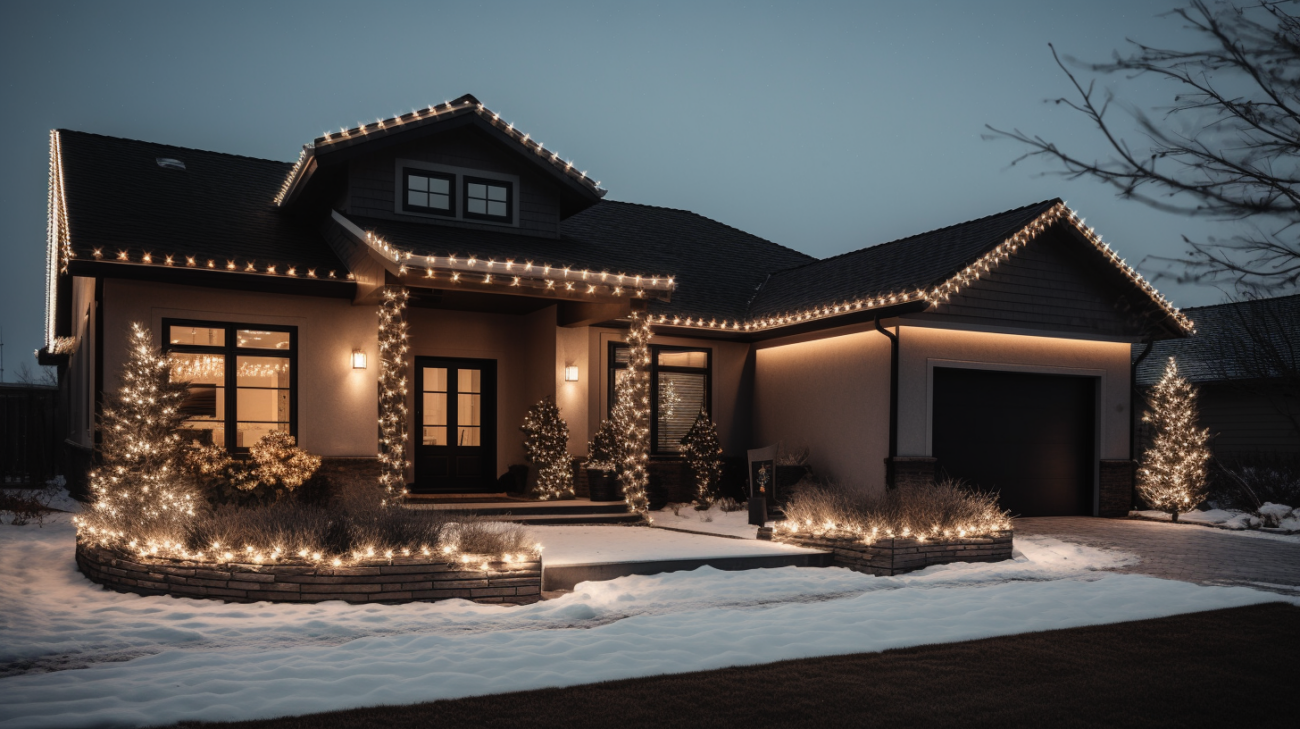 String lights decorating the exterior of a house, creating a cozy and inviting atmosphere for outdoor gatherings.