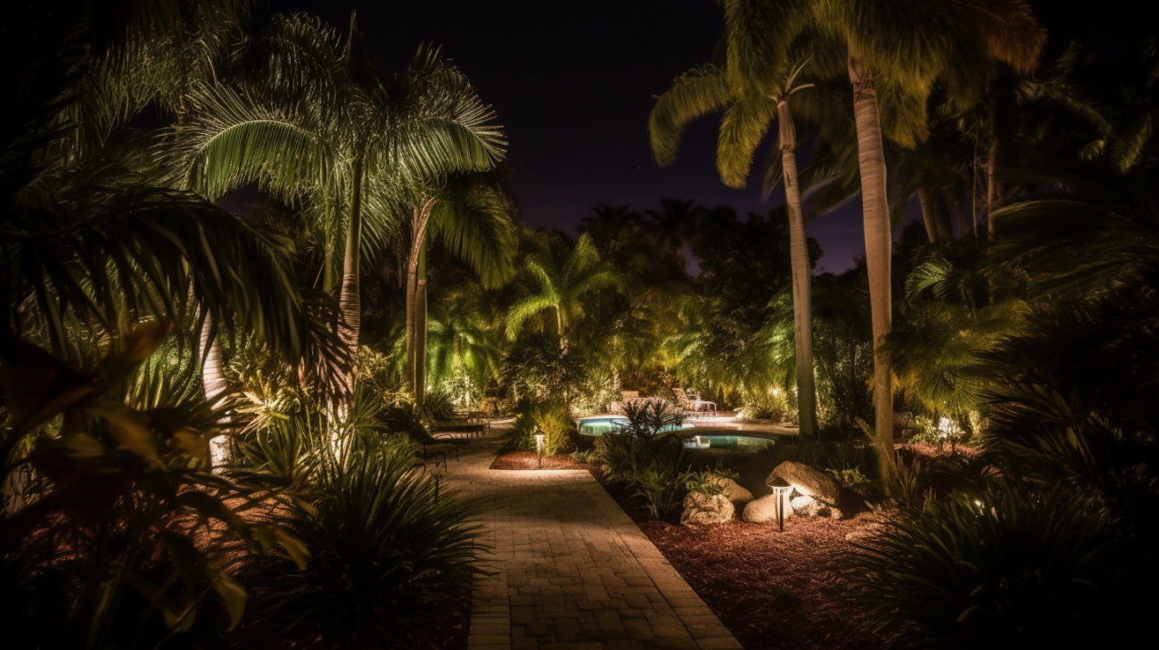 Garden lights casting a soft, warm glow on vibrant plants and flowers, creating a serene and inviting atmosphere in the outdoor garden