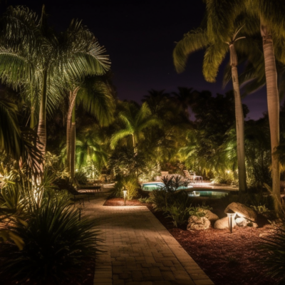 Garden lights casting a soft, warm glow on vibrant plants and flowers, creating a serene and inviting atmosphere in the outdoor garden