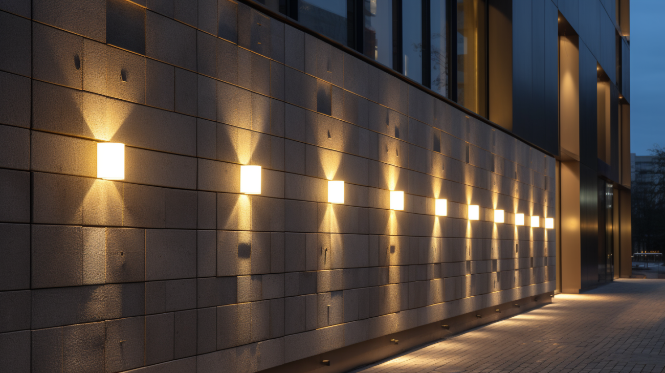 Outdoor wall sconces mounted on a textured wall, providing elegant illumination and enhancing the ambiance of the space.
