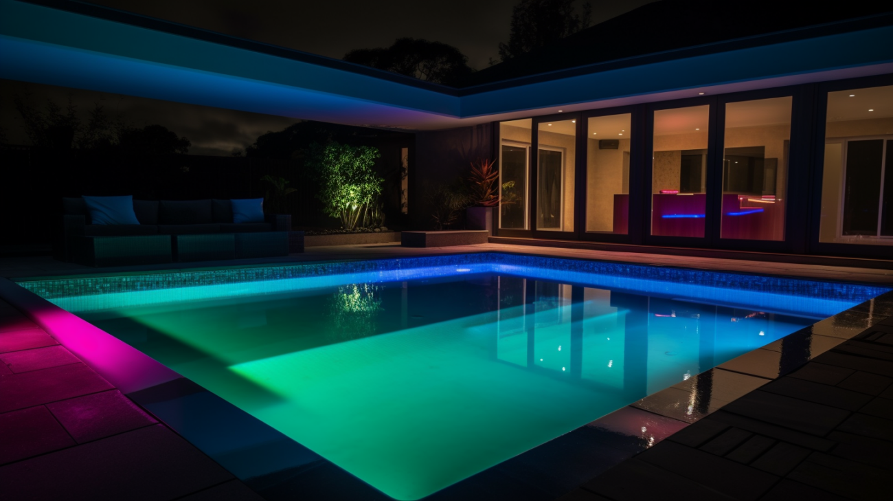 Underwater pool light illuminating a clear blue pool, creating a serene and inviting nighttime oasis.
